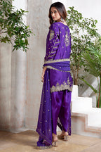 Violet Purple Organza Satin Embroidered Dhoti Suit - red satin saree embroidered
