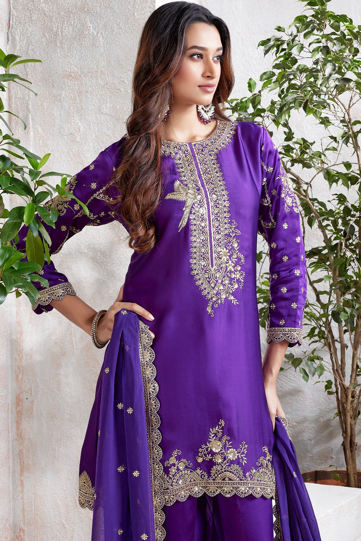 Violet Purple Organza Satin Embroidered Dhoti Suit - red satin saree embroidered