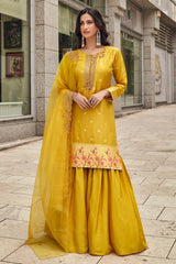 Yellow Viscose Jacquard Woven Sharara Suit