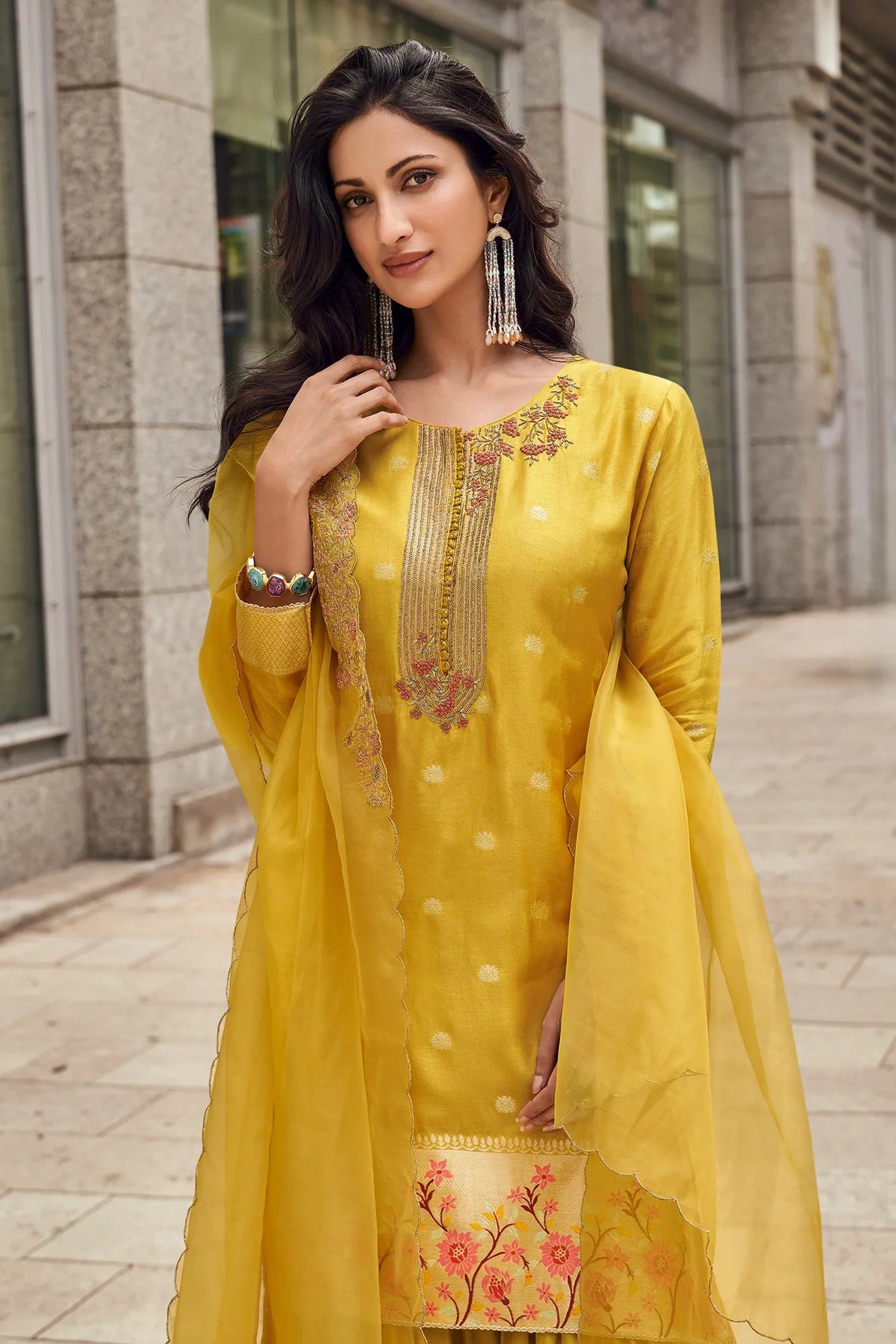 Yellow Viscose Jacquard Woven Sharara Suit - yellow viscose saree