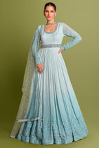 Blue Ombre Georgette Chinon Embroidered Anarkali Suit - red georgette saree embroidered