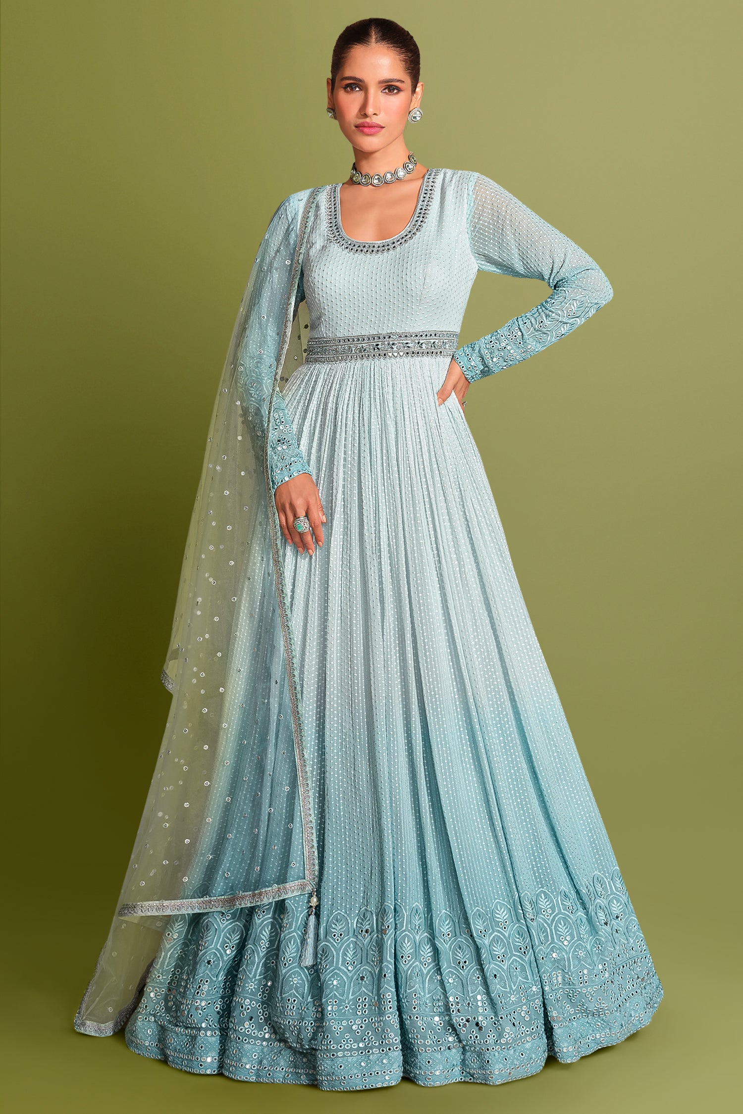 Blue Ombre Georgette Chinon Embroidered Anarkali Suit - red georgette saree embroidered