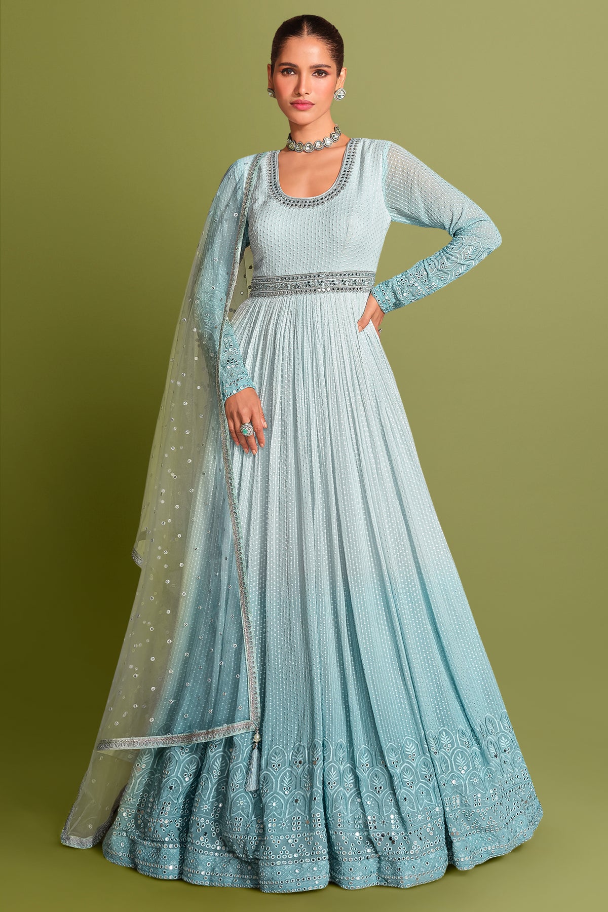 Blue Ombre Georgette Chinon Embroidered Anarkali Suit