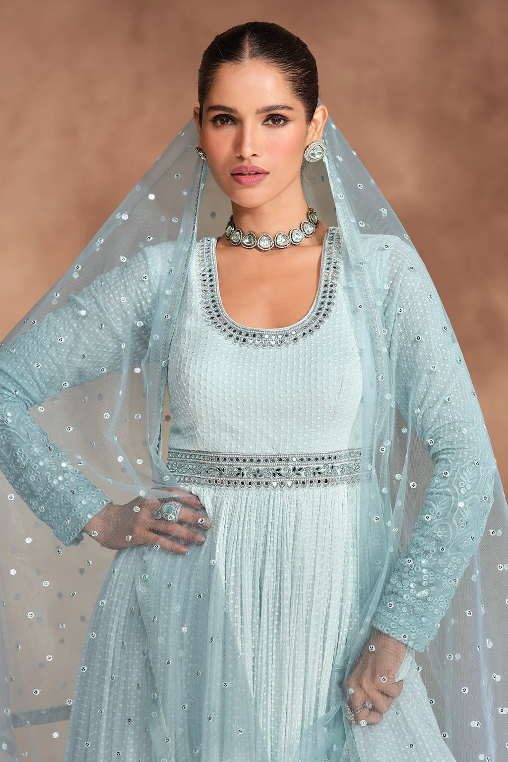 Blue Ombre Georgette Chinon Embroidered Anarkali Suit - red georgette saree embroidered