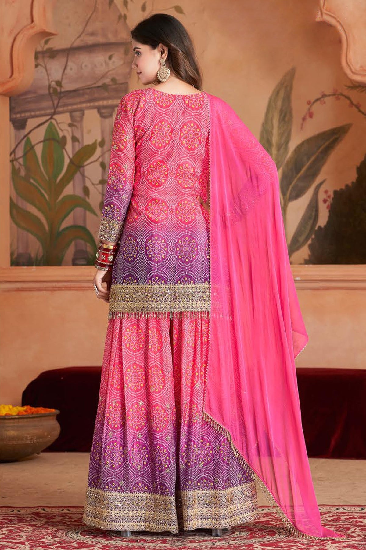 Chinon Printed Palazzo Suit with Mirror Embroidery - saree embroidery