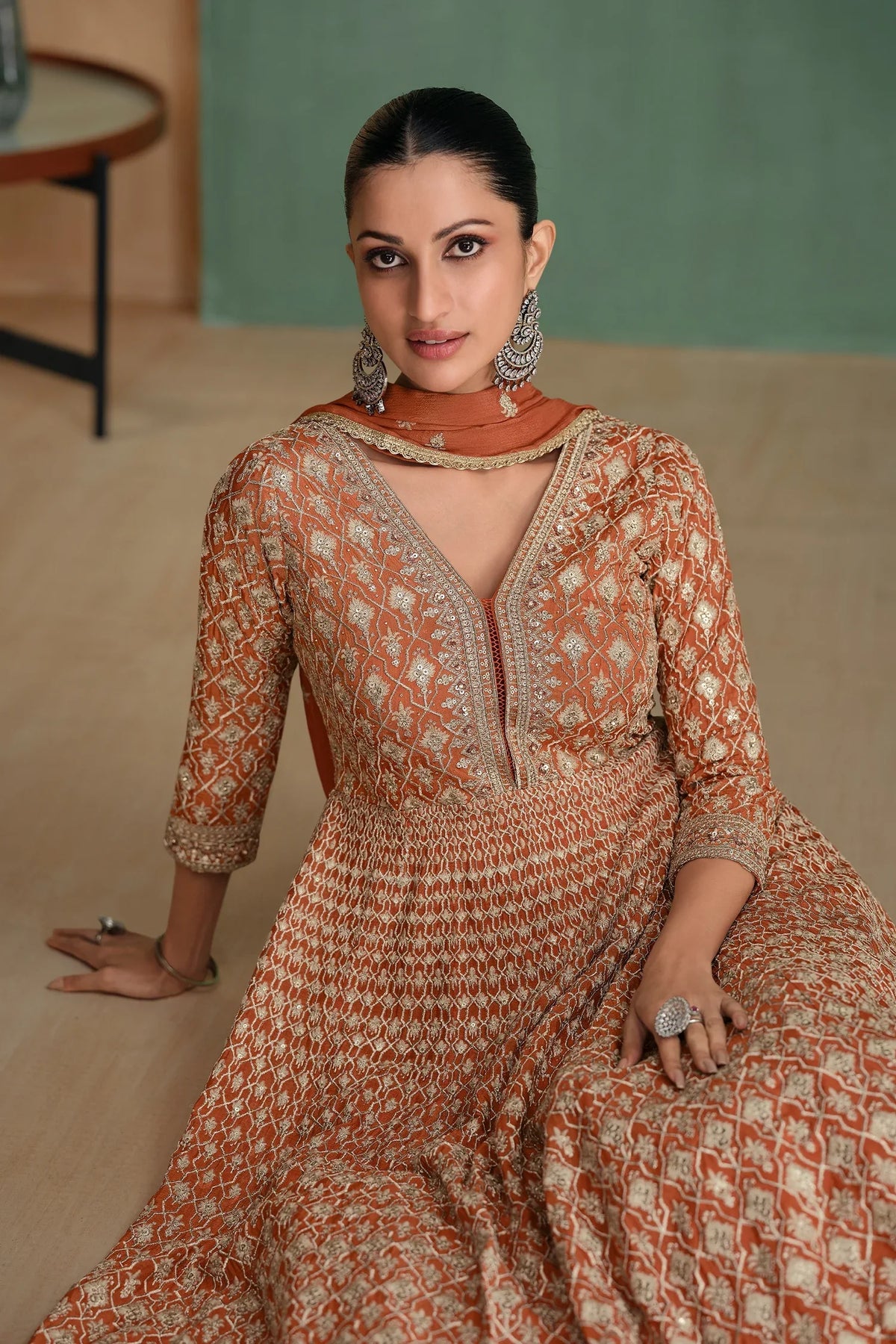 Orange Georgette Embroidered Anarkali Suit - red georgette saree embroidered
