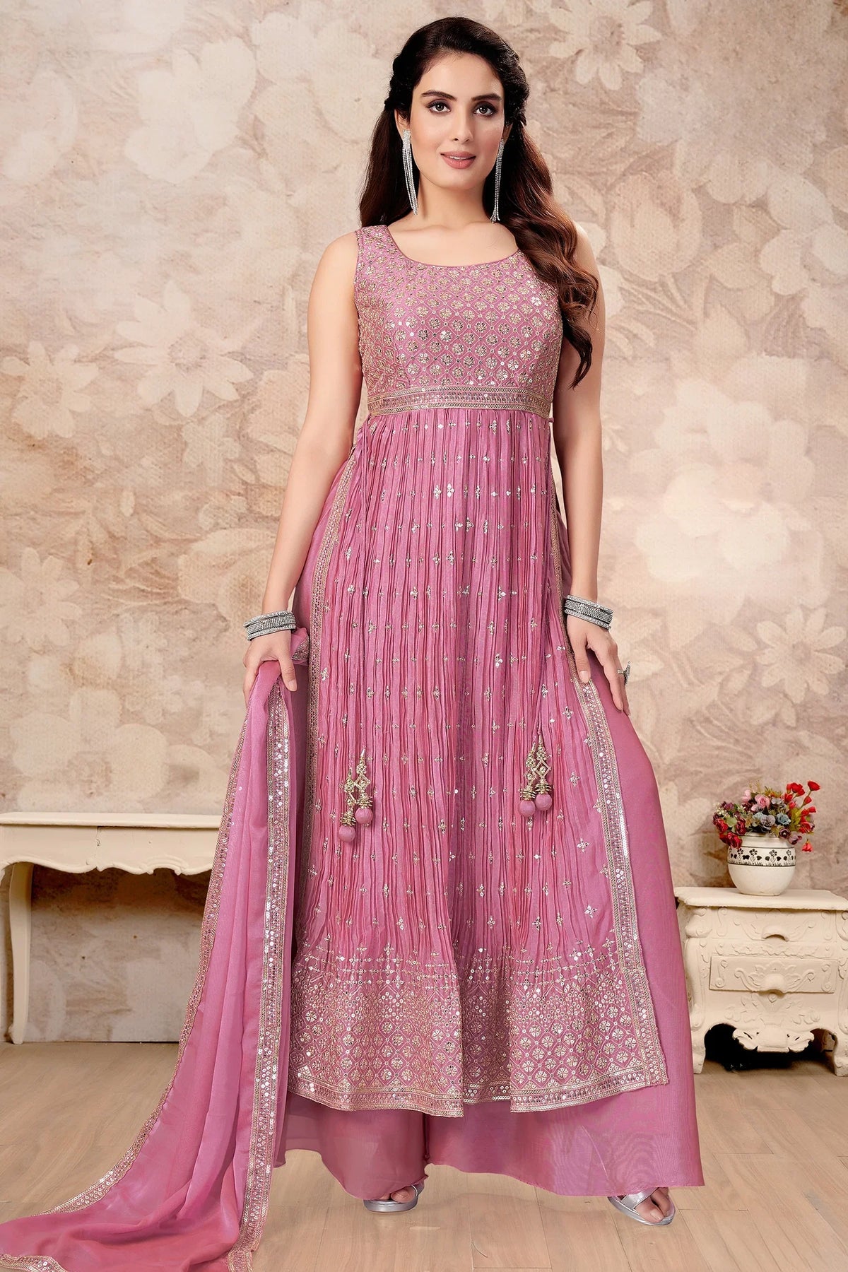 Georgette Sequin Embroidered Straight Cut Palazzo Suit