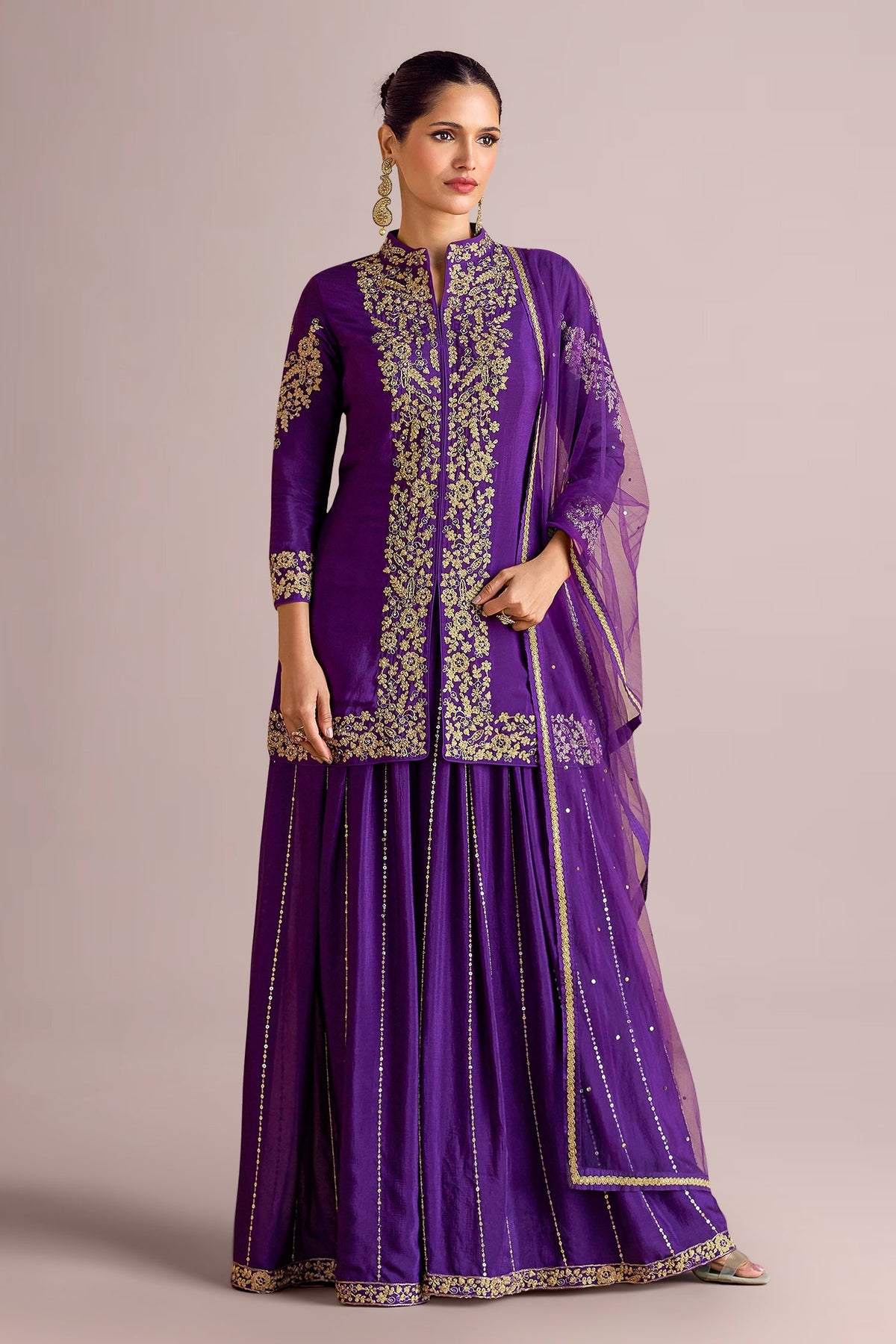 Violet Chinon Silk Embroidered Palazzo Suit