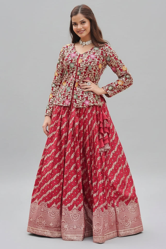 Maroon Georgette Embroidered Slit Cut Crop Top Lehenga - red georgette saree embroidered