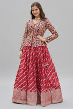 Maroon Georgette Embroidered Slit Cut Crop Top Lehenga - red georgette saree embroidered