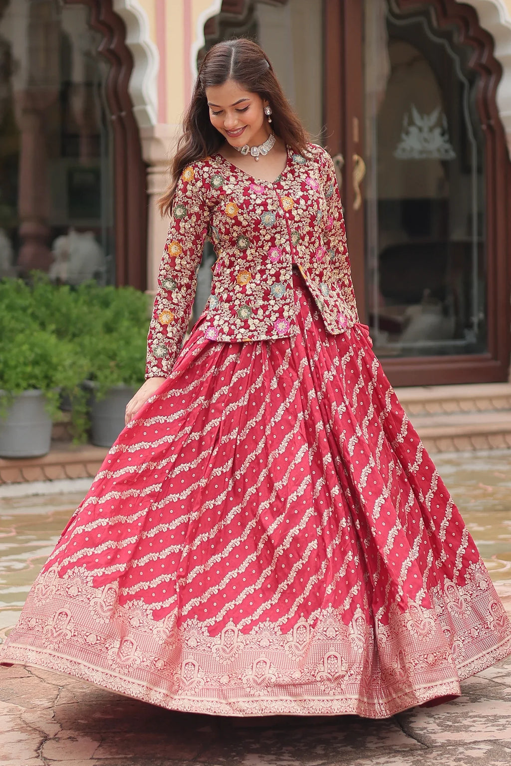 Maroon Georgette Embroidered Slit Cut Crop Top Lehenga - red georgette saree embroidered