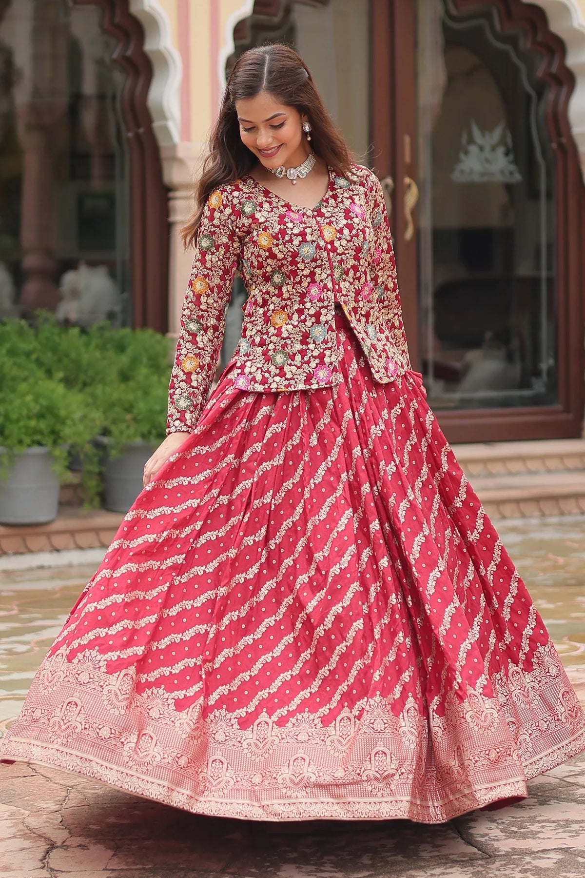 Maroon Georgette Embroidered Slit Cut Crop Top Lehenga - red georgette saree embroidered