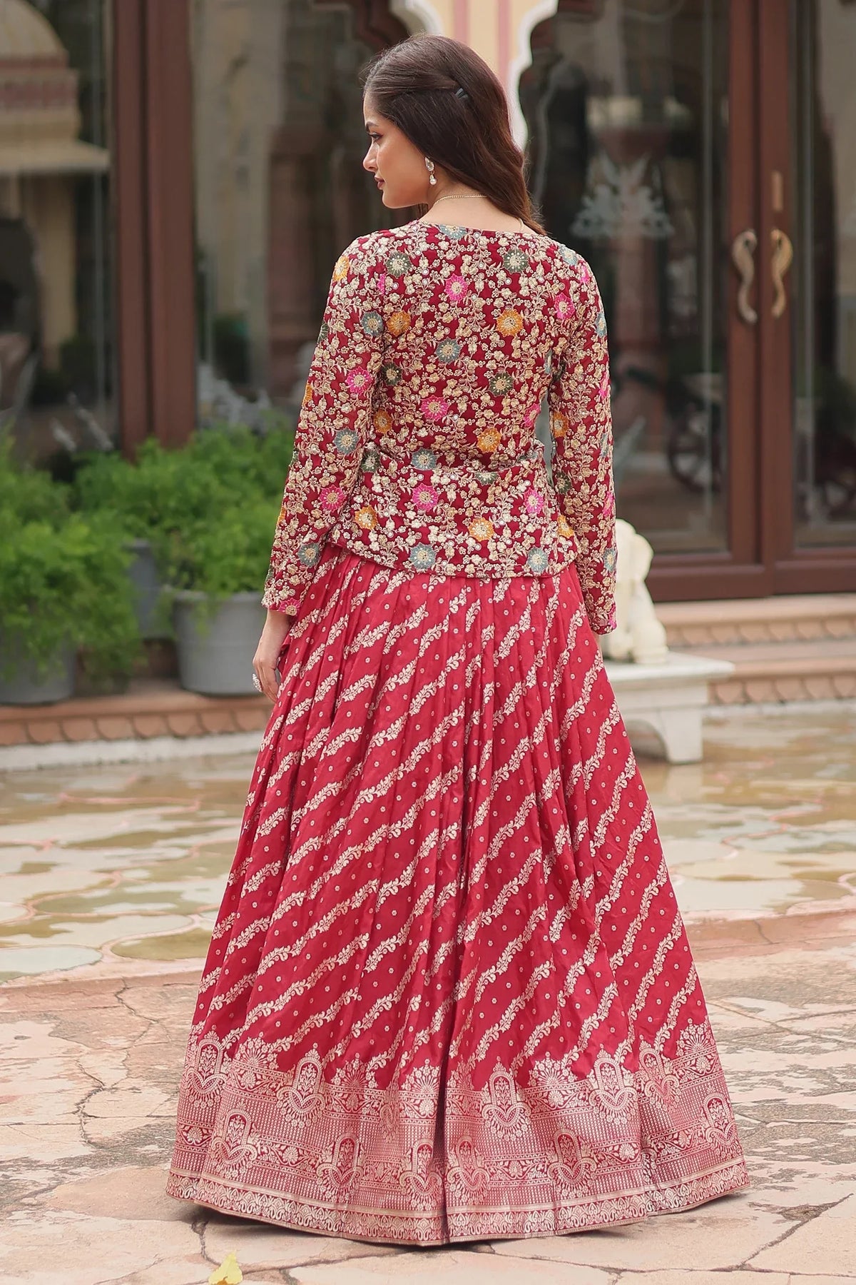Maroon Georgette Embroidered Slit Cut Crop Top Lehenga - red georgette saree embroidered