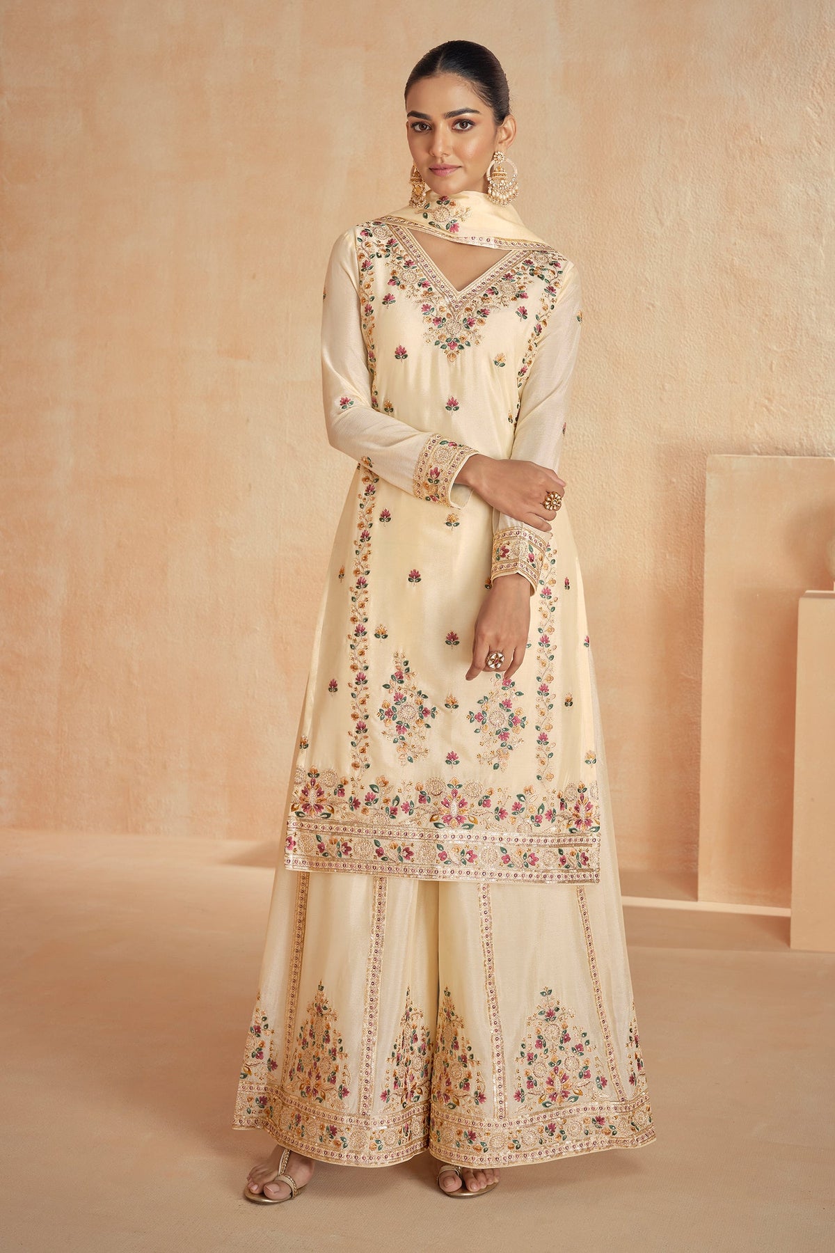 Chinon Silk Embroidered Palazzo Suit - red silk saree embroidered