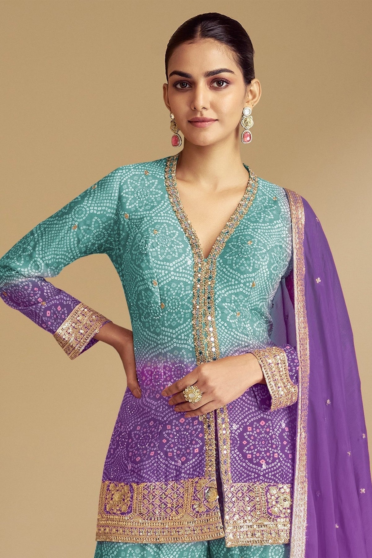 Ombre Chinon Bandhej Sharara Suit with Mirror and Sequins Work - saree bandhej