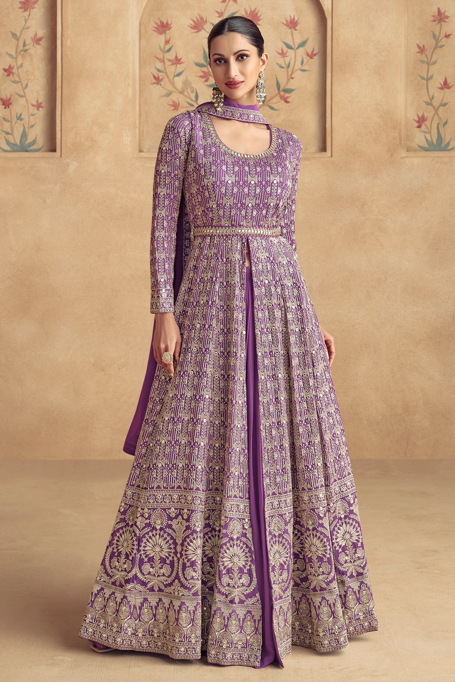 Plum Purple Georgette Slit Cut Lehenga Suit with Sequin Work - purple georgette saree Main image
