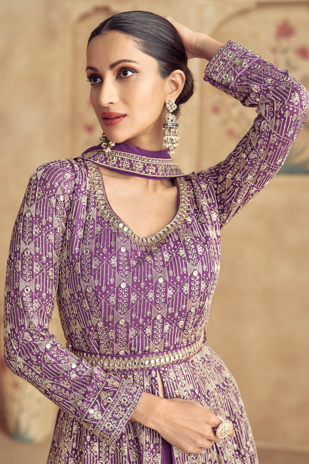 Plum Purple Georgette Slit Cut Lehenga Suit with Sequin Work - purple georgette saree