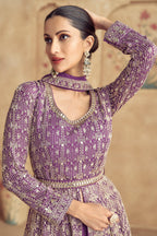Plum Purple Georgette Slit Cut Lehenga Suit with Sequin Work - purple georgette saree