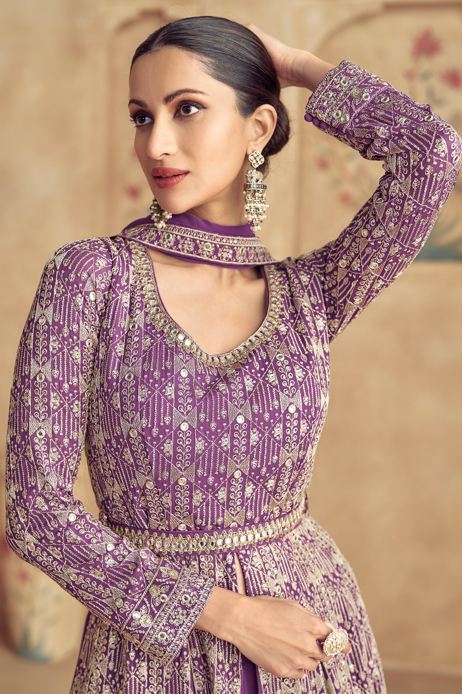 Plum Purple Georgette Slit Cut Lehenga Suit with Sequin Work - purple georgette saree