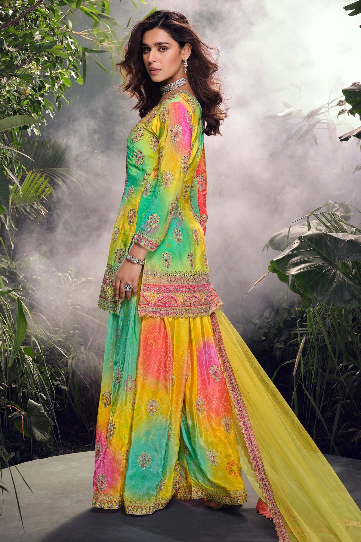 Yellow Chinon Silk Bandhej Embroidered Palazzo Suit - red silk saree bandhej