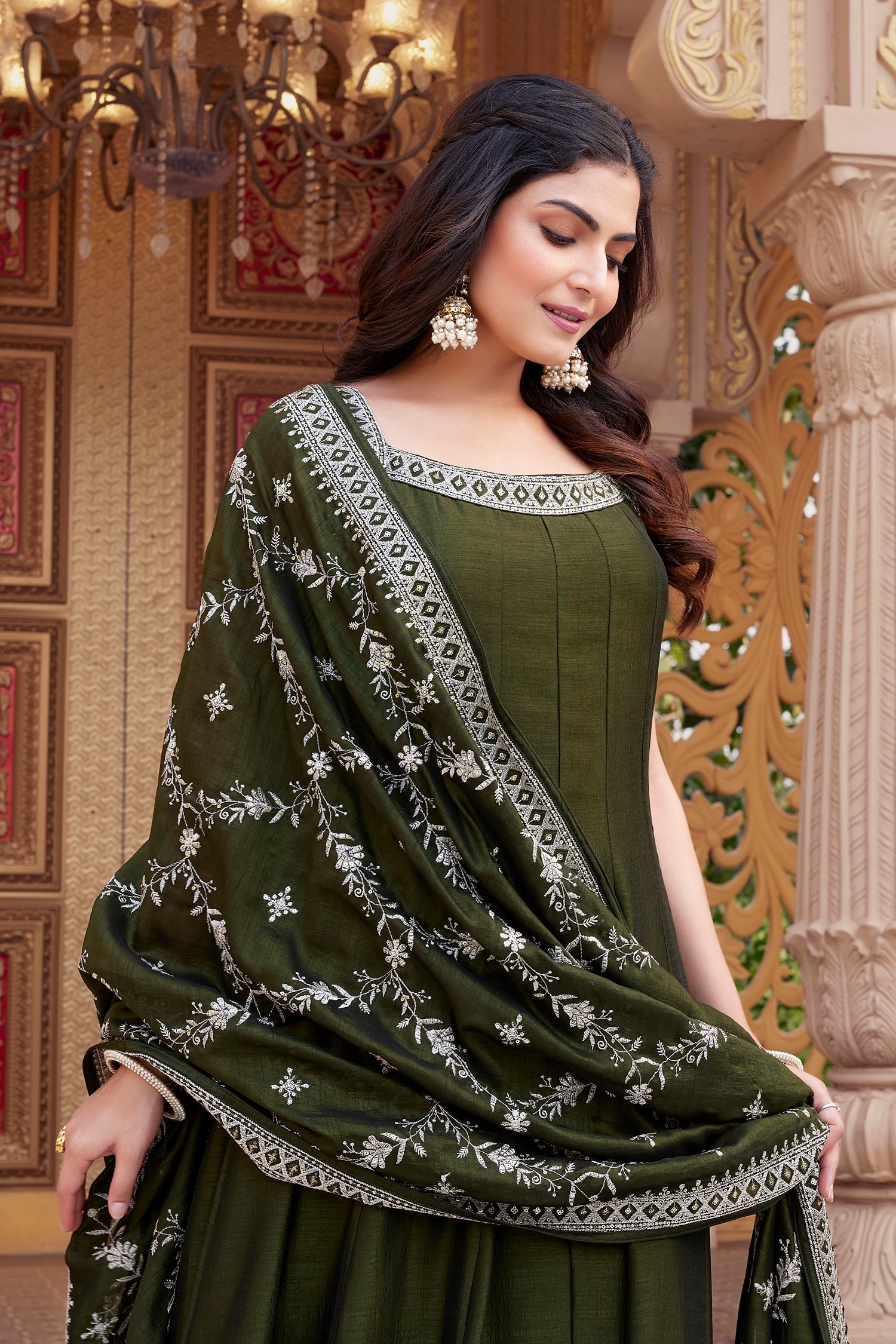 Olive Green Art Silk Sequin Embroidered Anarkali Suit Secondary image