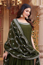 Olive Green Art Silk Sequin Embroidered Anarkali Suit - red silk saree embroidered