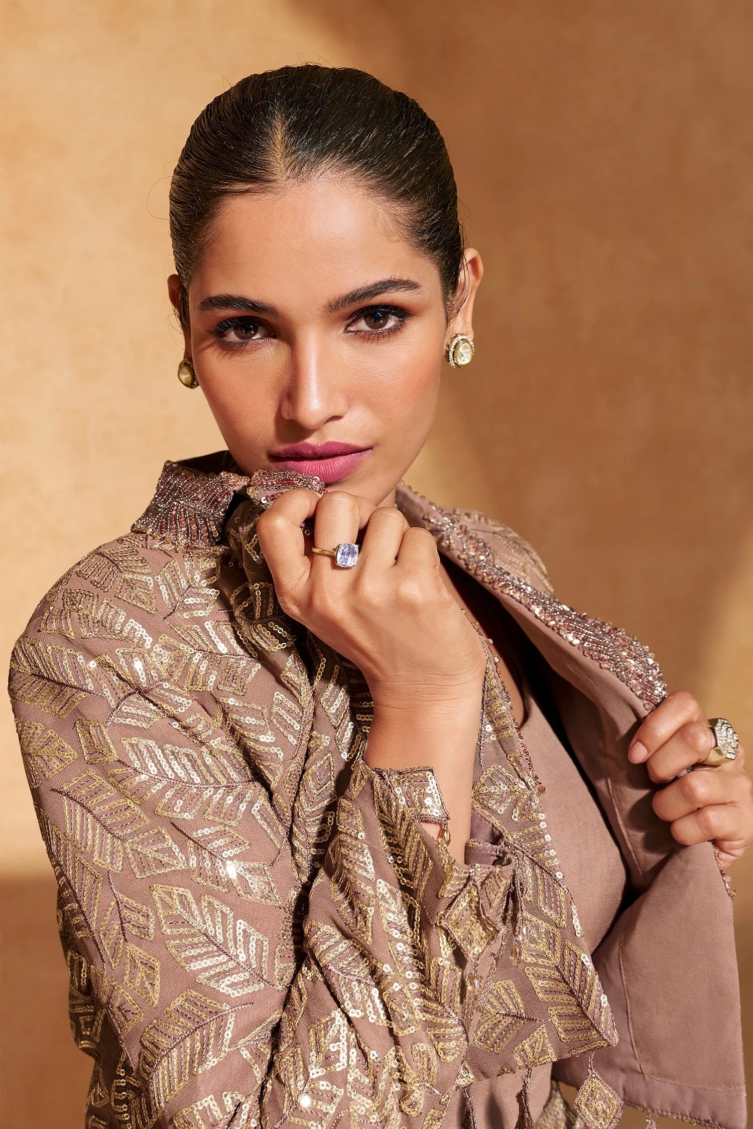 Rose Golden Georgette Sequin Embroidered Crop Top Jacket with Skirt