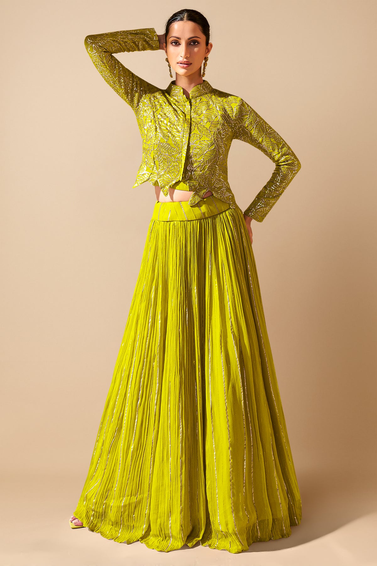 Lime Green Sequinned Georgette Crop Top Jacket with Skirt