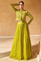 Lime Green Sequinned Georgette Crop Top Jacket with Skirt