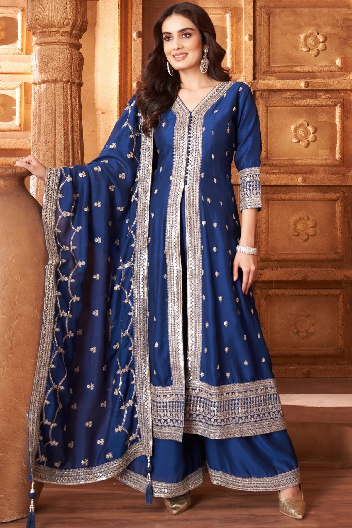 Blue Chinon High Sequin Embroidered Palazzo Suit