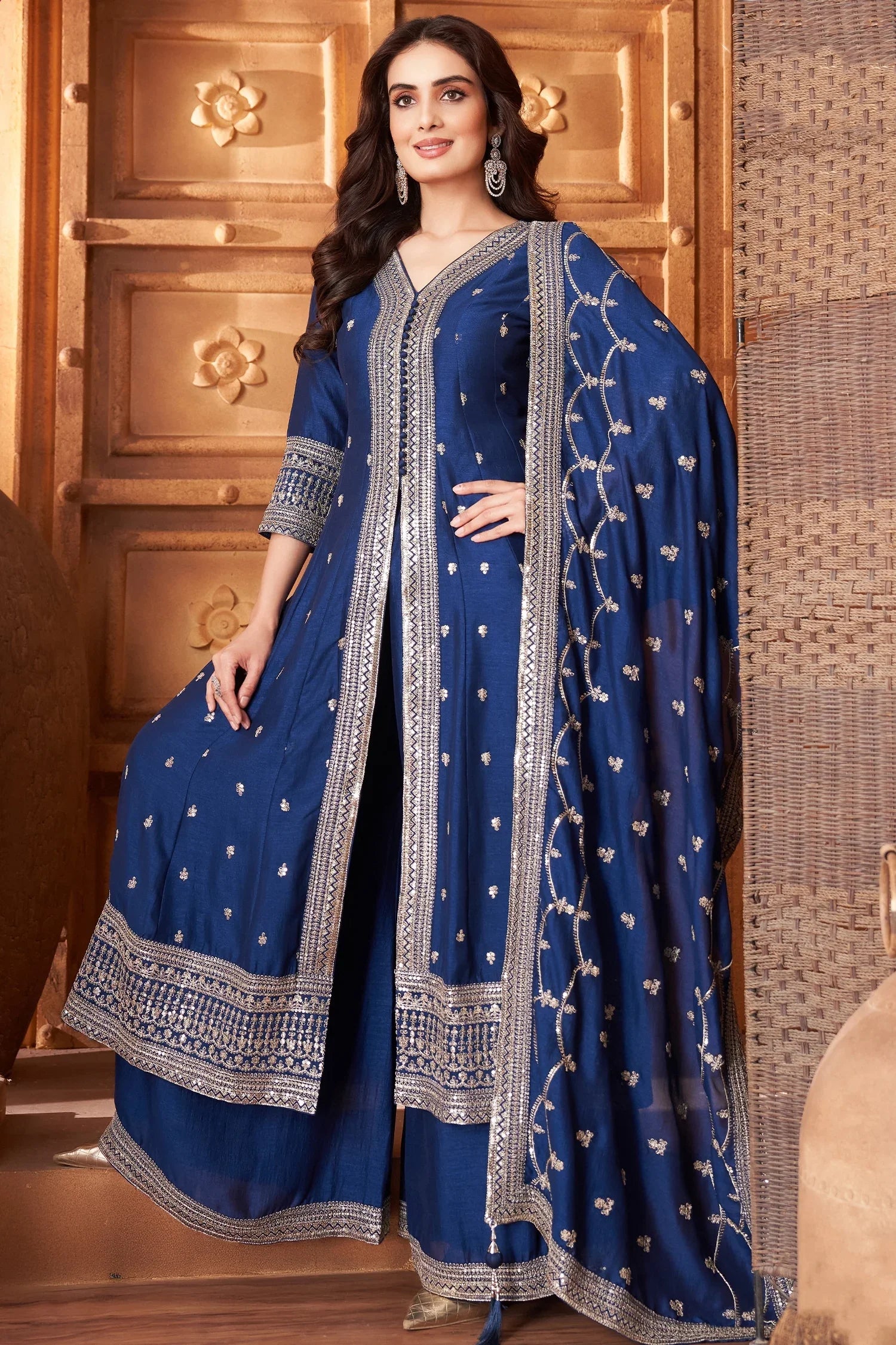 Blue Chinon High Sequin Embroidered Palazzo Suit