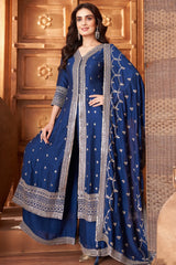 Blue Chinon High Sequin Embroidered Palazzo Suit