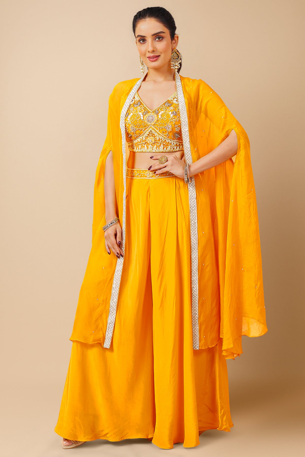 Yellow Net Sequin Cutdana Worked Crop Top Palazzo with Jacket