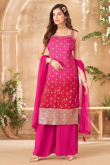 Fuchsia Pink Ombre Georgette Bandhej Printed Straight Cut Palazzo Suit with Sequin Work