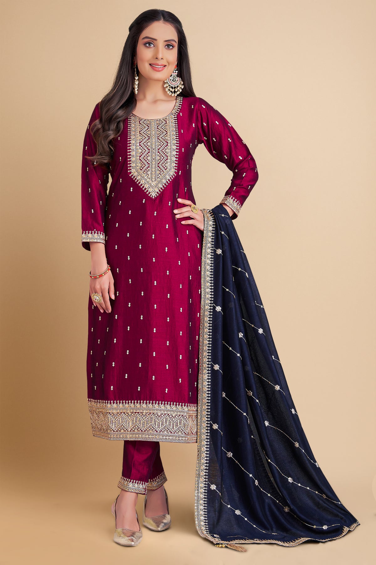 Wine Viscose Sequin Worked Straight Cut Suit Main image