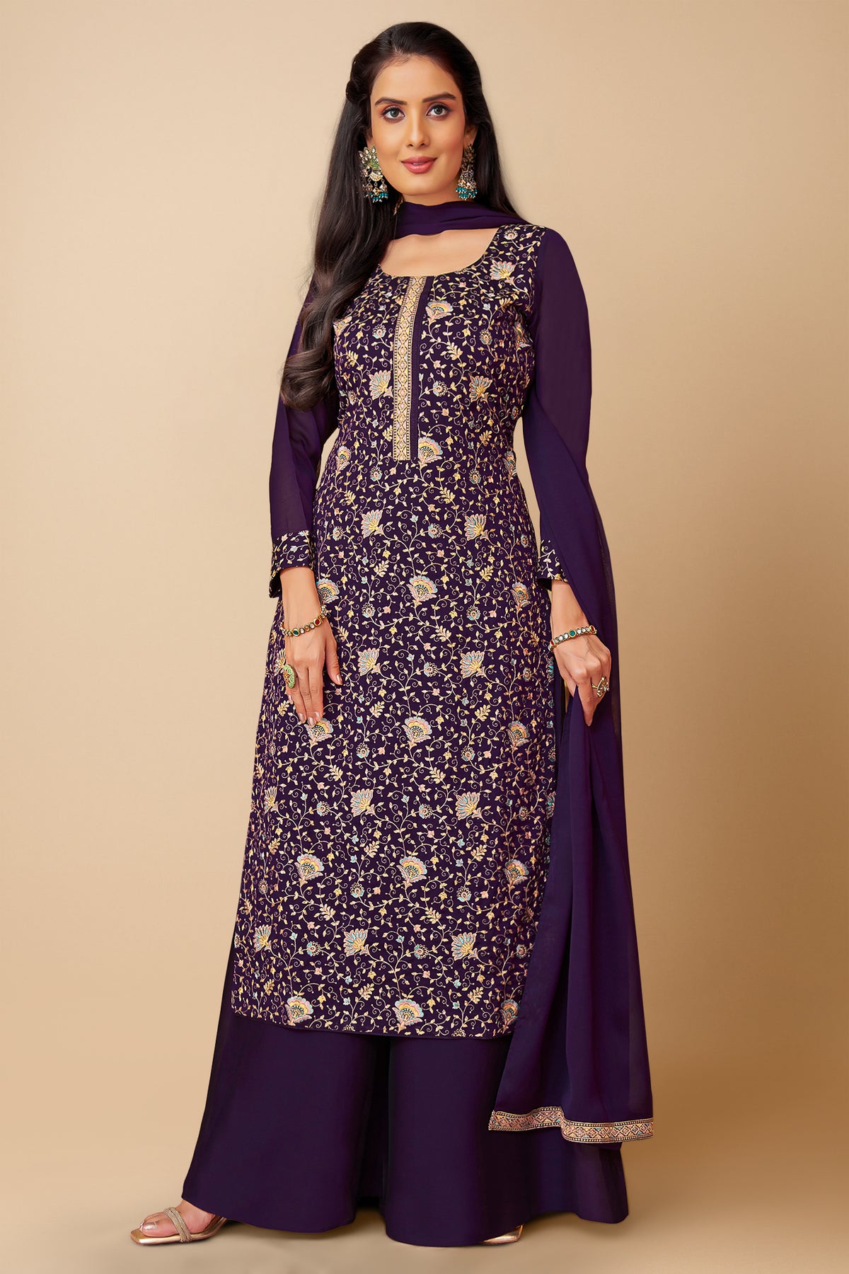 Dark Purple Georgette Embroidered Straight Cut Palazzo Suit