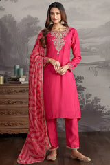 Pink Russian Silk Straight Cut Suit with Beads and Zardosi Work