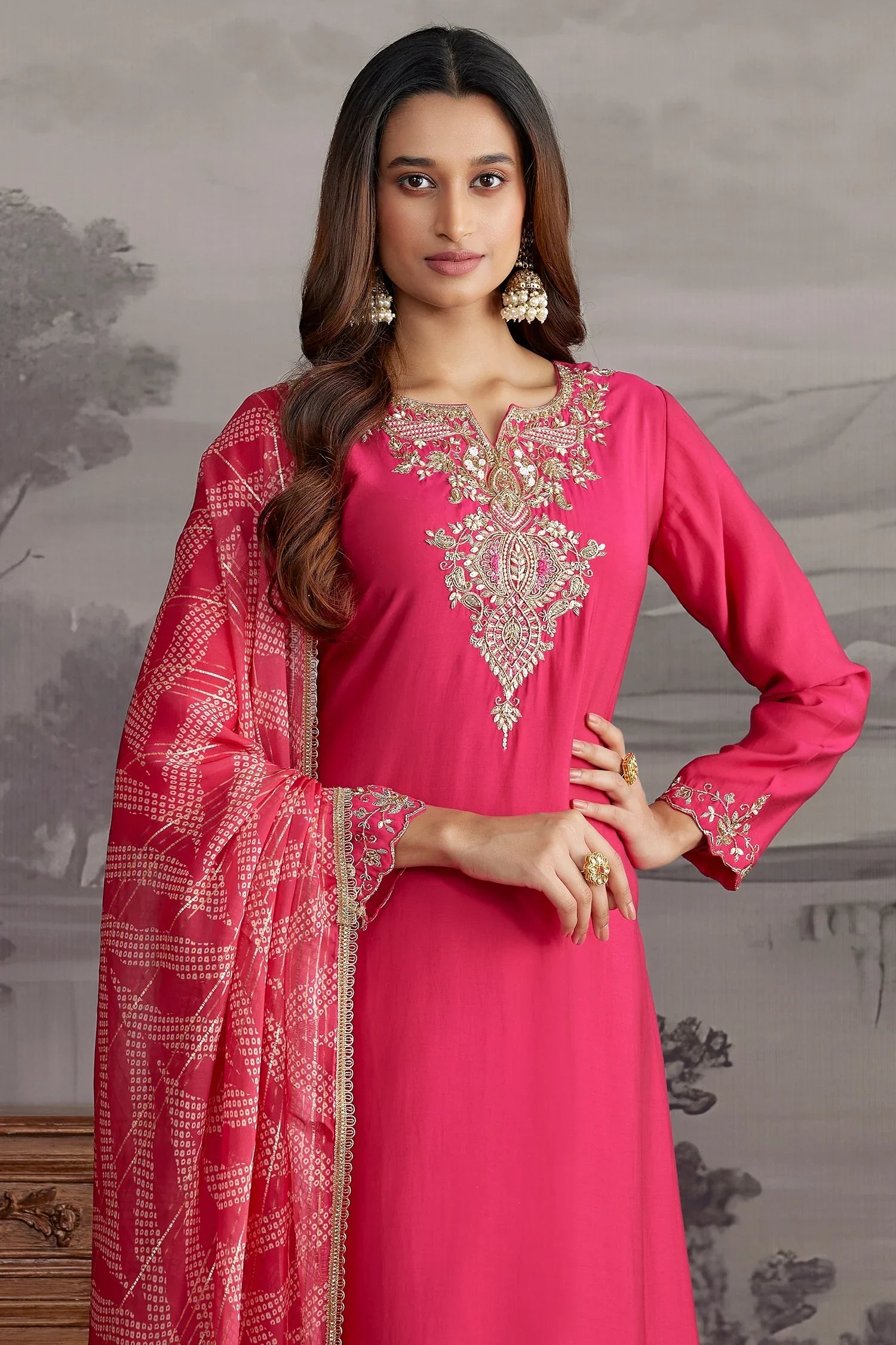 Pink Russian Silk Straight Cut Suit with Beads and Zardosi Work