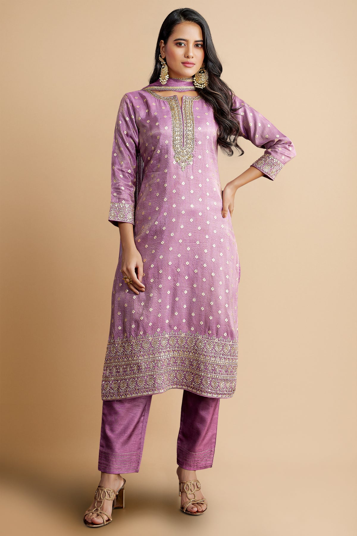 Light Orchid Purple Tissue Straight Cut Suit with Zardosi and Sequin Work