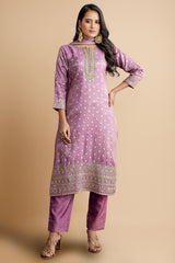Light Orchid Purple Tissue Straight Cut Suit with Zardosi and Sequin Work