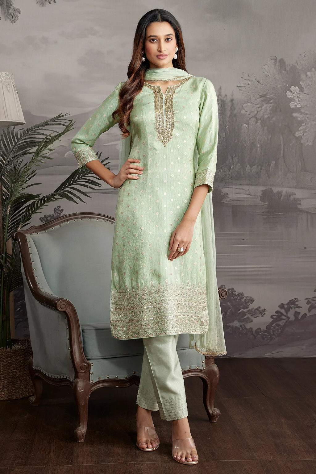 Turquoise Green Tissue Straight Cut Suit - green saree