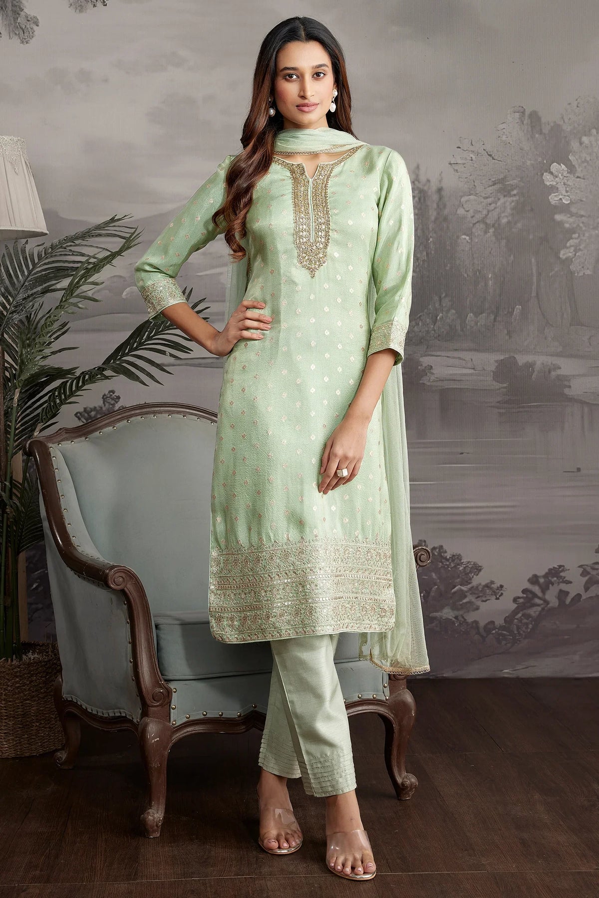 Turquoise Green Tissue Straight Cut Suit - green saree