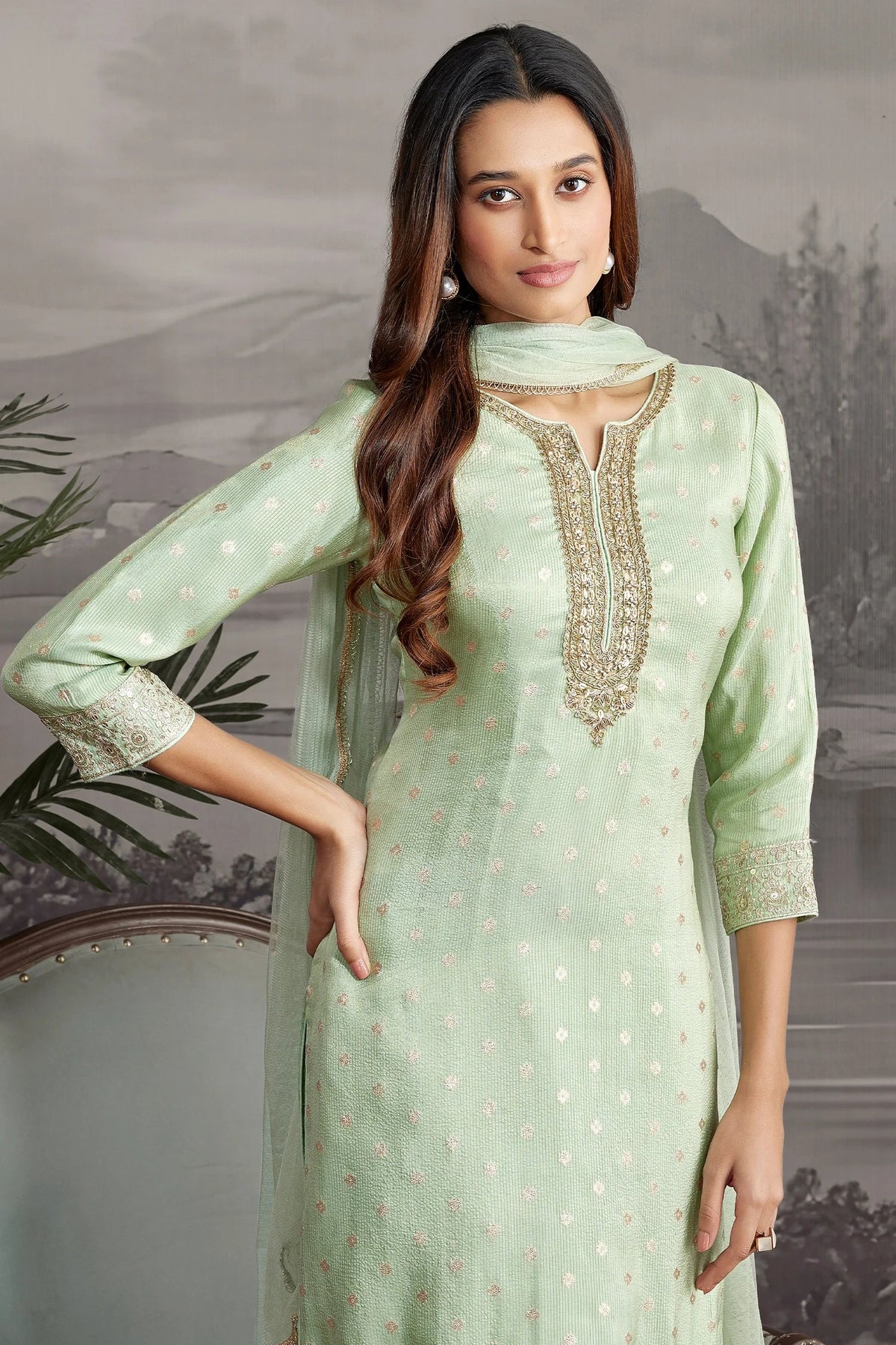 Turquoise Green Tissue Straight Cut Suit - green saree