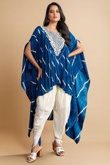 Blue Russian Silk Leheriya Print Pleated Kaftan Style Top with Tulip Dhoti
