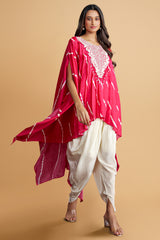 Pink Russian Silk Leheriya Print Pleated Kaftan Style Top with Tulip Dhoti