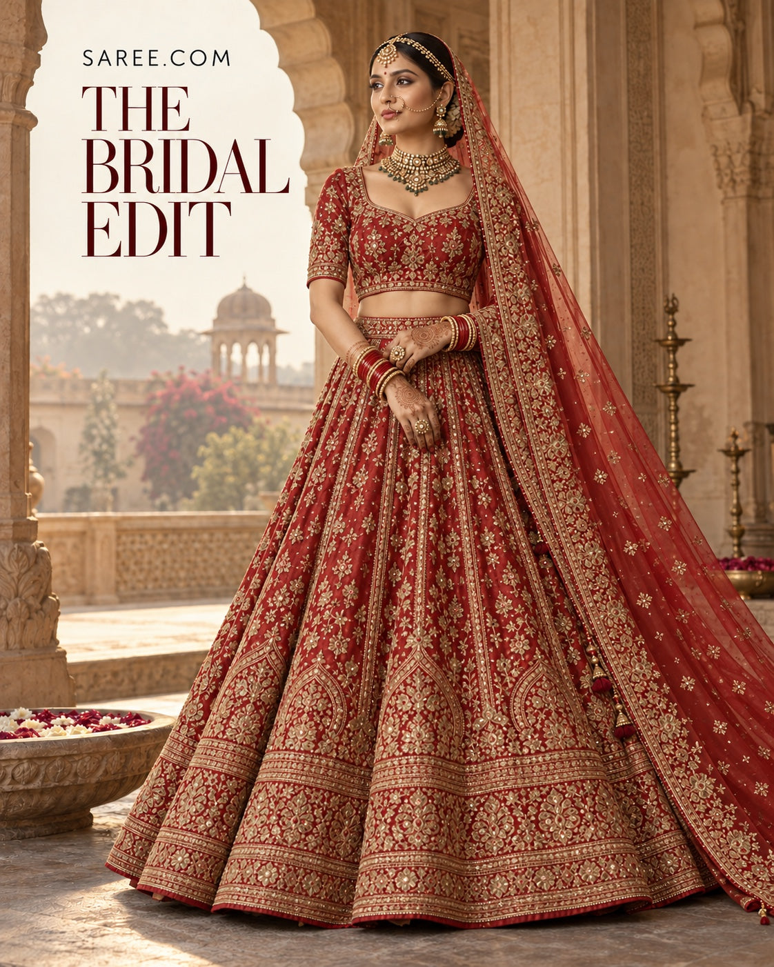 Bride wearing a red embroidered lehenga in a heritage Indian setting