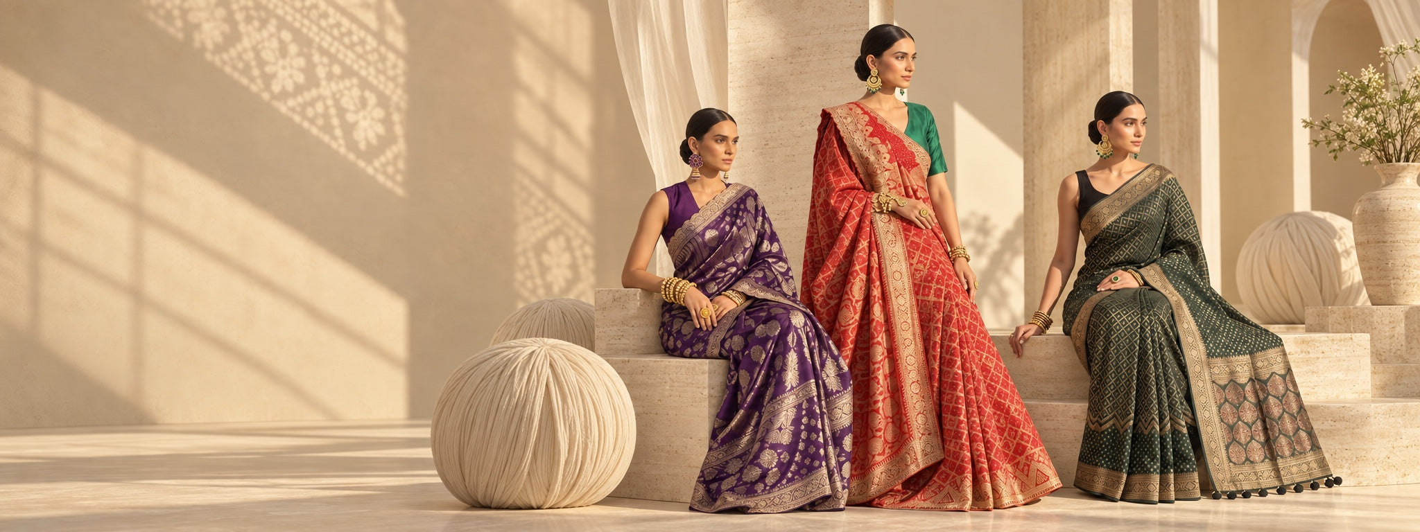Three models wearing Saree.com’s most-loved sarees