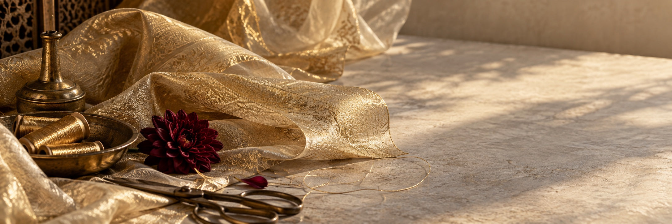 Golden tissue fabric arranged in an Indian textile atelier