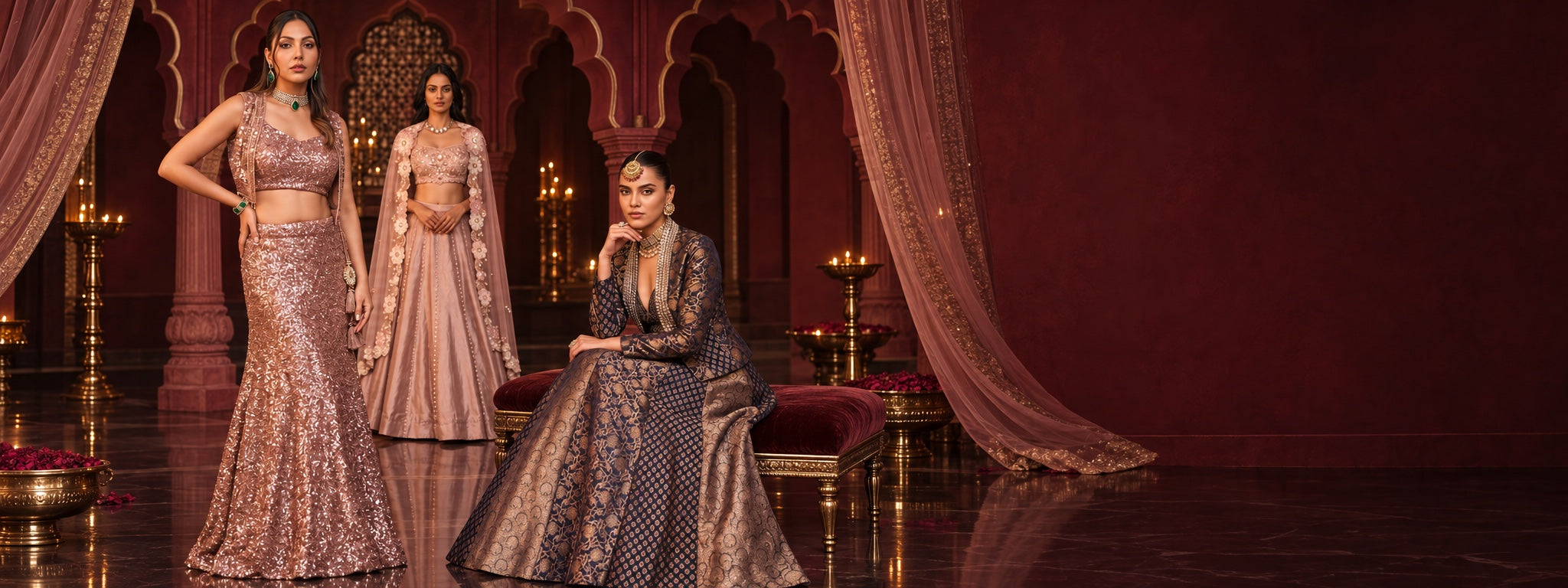 Three models wearing Saree.com bridal styles