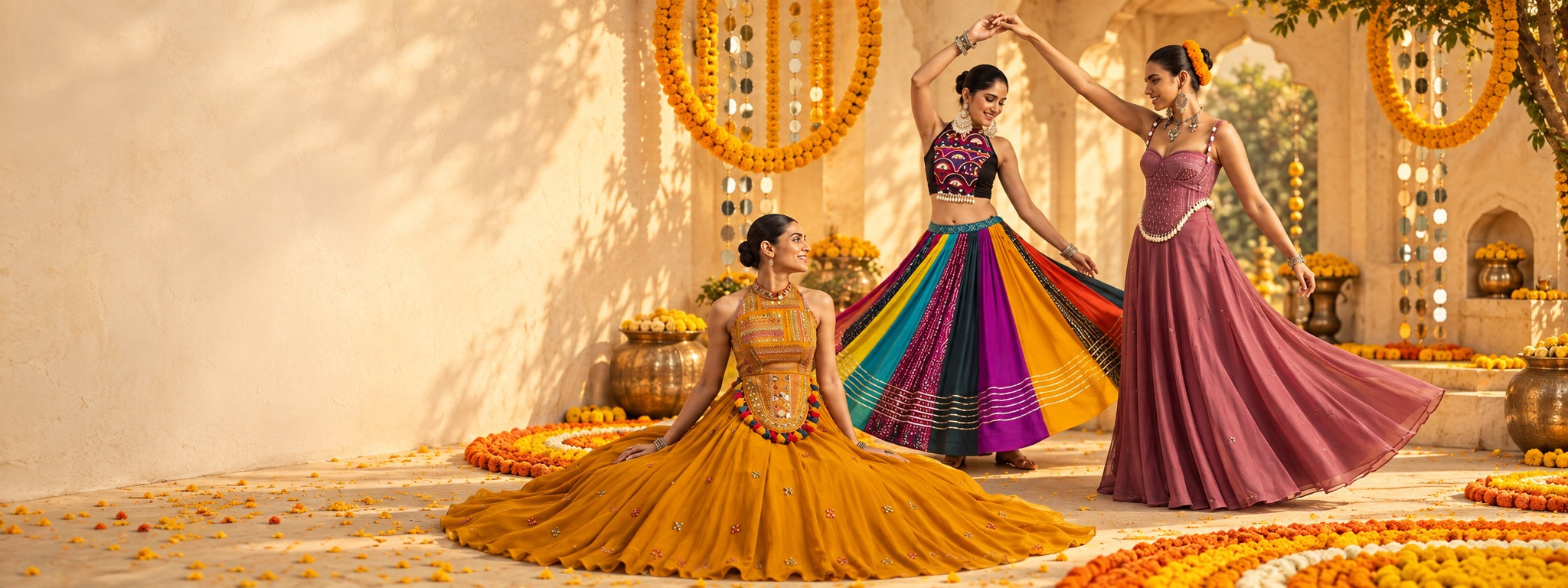 Three models wearing Saree.com Navratri lehengas